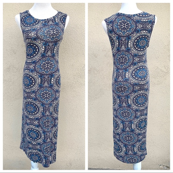 FREE PEOPLE DRESS bodycon FLORAL print sleeveless stretch blue gray tank tube M - Picture 3 of 10